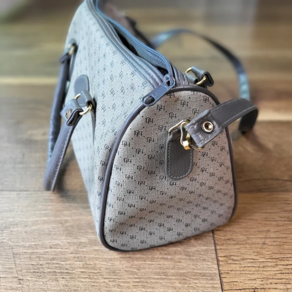 Vintage Grey Monogram Satchel Bag Art No 3913 Crossbody Barrel Purse